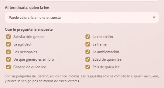 En las propiedades de la obra: si quien la lee puede valorarla y qué le pregunta