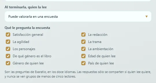 En las propiedades de la obra: si quien la lee puede valorarla y qué le pregunta