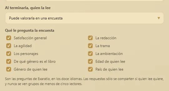 En las propiedades de la obra: si quien la lee puede valorarla y qué le pregunta