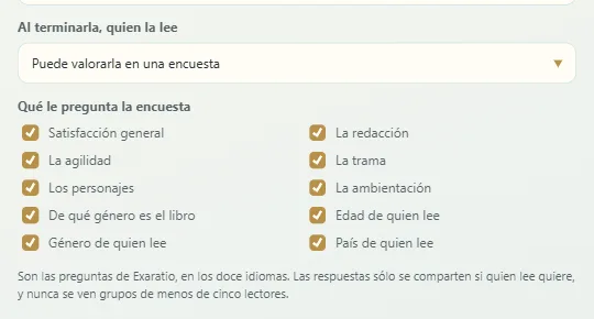 En las propiedades de la obra: si quien la lee puede valorarla y qué le pregunta
